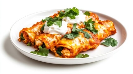 Colorful plate of chicken enchiladas garnished with cilantro leaves and sour cream radiates the authentic flavors of Cinco de Mayo celebration isolated on a white background 