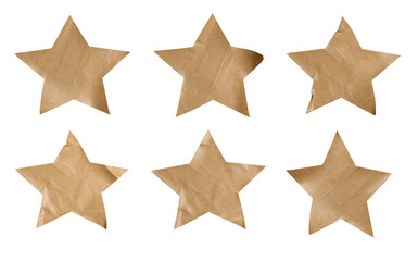 Set of brown paper stickers with stars shape, Copy space for text preview sign tags labels elements design, isolated on white background, png