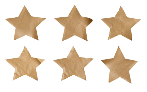 Set of brown paper stickers with stars shape, Copy space for text preview sign tags labels elements design, isolated on white background, png