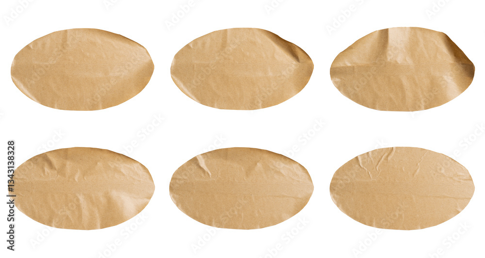 Poster set of brown paper stickers with oval edges, copy space for text preview tags labels elements design