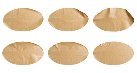 Set of brown paper stickers with oval edges, Copy space for text preview tags labels elements design, isolated on white background, png