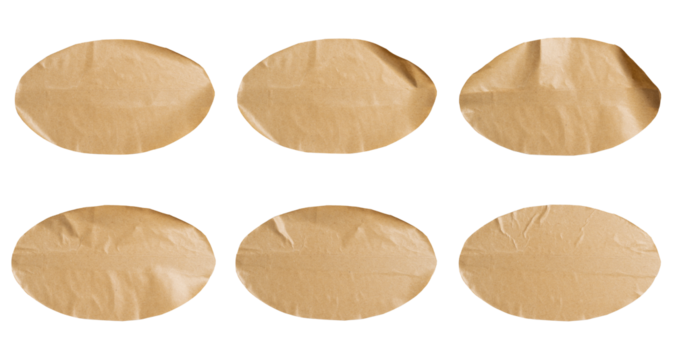 Set of brown paper stickers with oval edges, Copy space for text preview tags labels elements design, isolated on white background, png