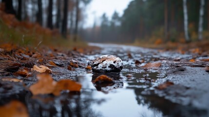 Fototapeta premium Autumnal forest puddle reflecting a stone. Fallen leaves, pathway, and a serene misty forest scene