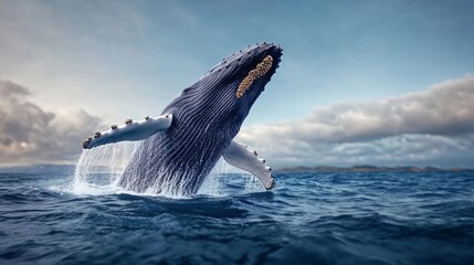 Fototapeta premium Elegant A cinematic slow motion capture of a humpback whale engulfing a massive swarm of fish water droplets flying as its mouth closes 