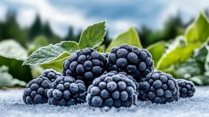Elegant A close up of frosted blackberries their tiny frozen droplets sparkling under natural light creating a refreshing and appetizing effect 