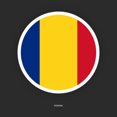 Fototapeta premium Romania circle flag icon with shadow on dark background. Romania button icon with white border isolated dark grey background 