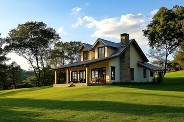 Rustic house with a sloped roof situated in a lush green meadow