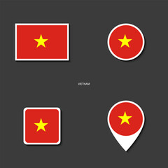 Vietnam flag icon set in different shape (rectangle, circle, square and marker icon) on dark grey background. Vietnam sticker icon collection on barely dark background	
