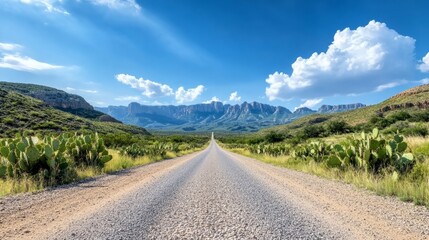 Elegant A desert road lined with clusters of prickly pear cacti leading toward towering mesas in the background 