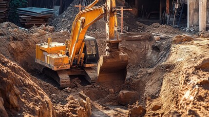 Fototapeta premium Early stages of a factory construction site with excavation and groundwork underway.