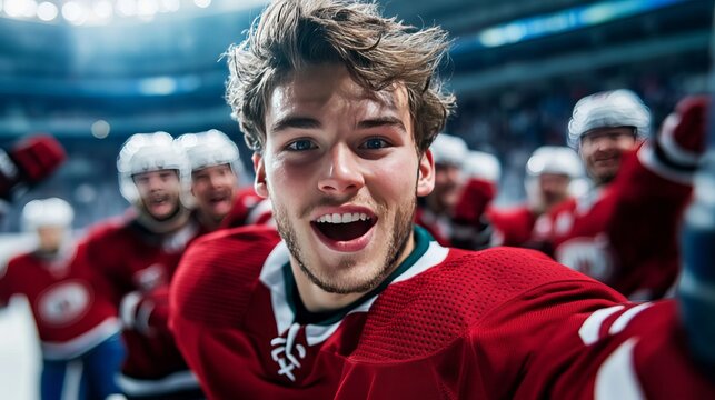 Elegant A dramatic moment as a hockey player scores the game winning goal in the Beanpot with teammates rushing toward him in celebration 