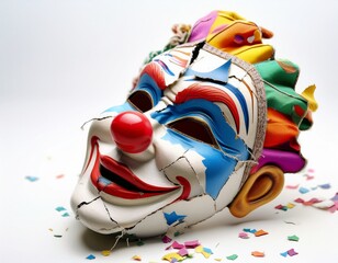 broken clown mask; white background, isolate; perspective to the right side angle 2