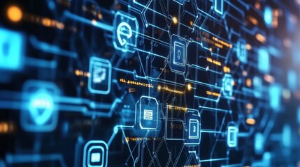 Encrypted banking technology with futuristic fintech security systems.