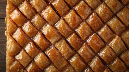 A golden lattice of baklava, its honeyed layers infused with the nutty aroma of walnuts, a sweet treat that tantalizes the taste buds with its irresistible flavor.