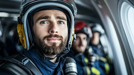 Elegant A firefighter and emergency response crew practicing an airplane evacuation drill on a simulated aircraft fuselage 