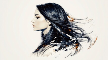 Naklejka premium Woman with Long Hair Abstract Art Beauty Style Elegance
