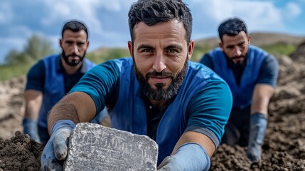 Elegant A group of archaeologists analyzing a newly raised stone tablet from the Red Sea covered in mysterious ancient writings 