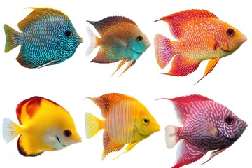 Fototapeta premium Colorful angelfish collection, aquatic life, isolated, white background, aquarium decoration