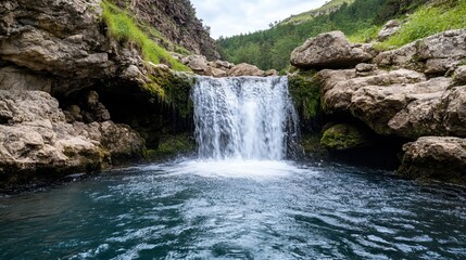 Fototapeta premium Elegant A hidden waterfall discovered along a summer hiking trail cascading into a crystal clear pool surrounded by moss covered rocks 