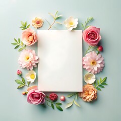 Mock up image of paper and flowers on plain background