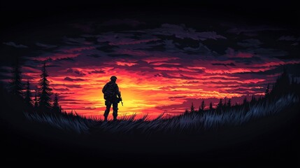 Fototapeta premium Silhouetted Soldier Sunset Dramatic Hilltop Scene