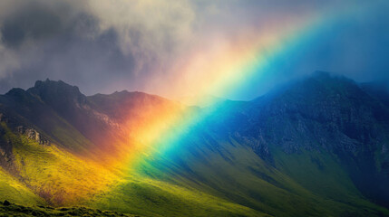 Obraz premium A rainbow spanning across a mountain range, with the colorful arc blending into the rugged landscape below.