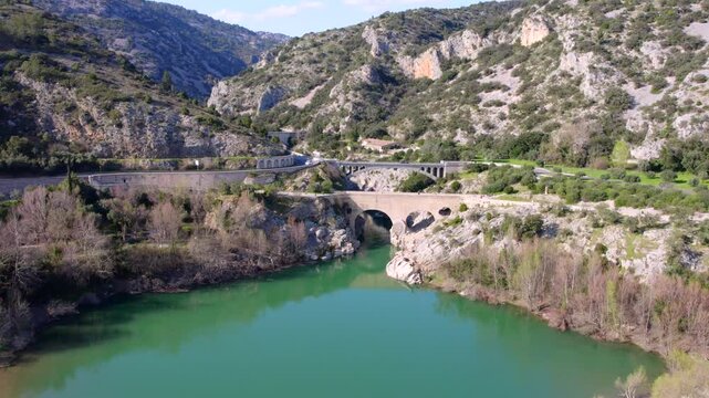 Aerial view of the Pont du Diable in south France by the Grotte de Clamouse and the village of Saint-Guilhem-le-D&eacute;sert