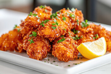 Fototapeta premium Golden Crispy Chicken Tenders: A Hyper-Detailed Close-Up of Gourmet Comfort Food with Juicy Meat, Zesty Lemon Garnish, and Fresh Parsley – Elevated Fried Perfection in High-Resolution Food Photography