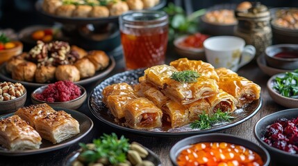 Obraz premium A flaky, honey-soaked delight, adorned with crunchy nuts and a hint of cardamom, Baklava, a testament to the art of Turkish pastry, tantalizes the senses.