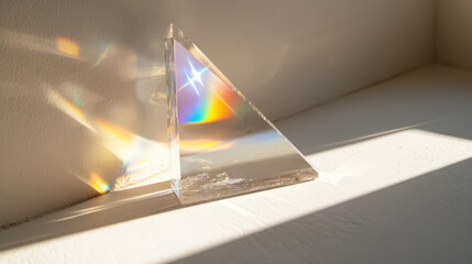 A close-up of a crystal prism casting a small rainbow on a white wall, with soft shadows and light play.