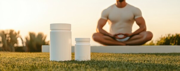 A man meditating outdoors with wellness supplements in the foreground.