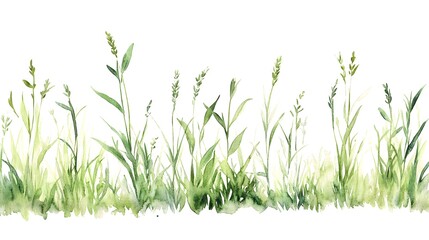 Green grass and various plants illustrated in watercolor style