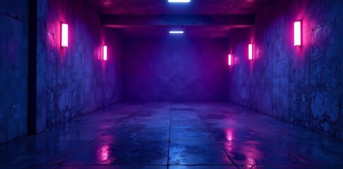 Dark and eerie concrete room with purple accents, empty, industrial