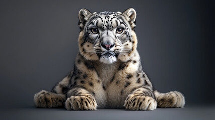 Obraz premium A majestic snow leopard, its powerful gaze locked onto the viewer, sitting with a relaxed posture