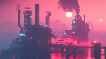 Obraz premium Futuristic industrial factory under construction with sustainable energy features.