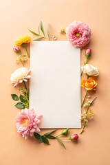 Mock up image of paper and flowers on plain background