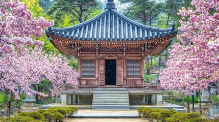Fototapeta premium Cherry blossoms frame traditional Korean temple in vibrant spring scenery