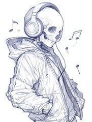 Naklejka premium A skeleton wearing headphones is listening to musical notes happily