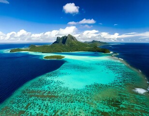 Aerial photograph of Bora Bora islands, turquoise lagoon, white sandy beaches, crystal-clear water, coral reefs, lush green islands, deep blue ocean, tropical paradise, clear sky, vibrant colors, sunl