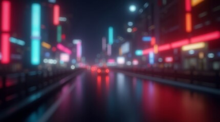 Blurred neon lights background. Neon city lights in bokeh style. Futuristic backdrop.