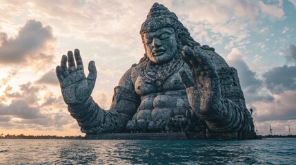 Majestic giant statue of deity by the seaside under a dramatic sunset sky