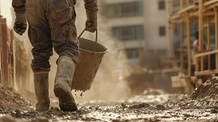 Construction worker carrying a bucket of fresh concrete at a busy building site during the day