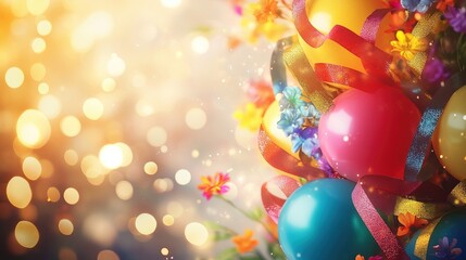 Colorful balloon bouquet tied with a vibrant ribbon, illuminated by soft sunlight, with a blurred pastel background and confetti, creating a joyful and festive atmosphere for holidays