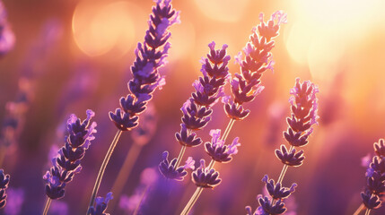 Obraz premium A lavender field captured during the golden hour, with the warm light enhancing the rich purple tones of the flowers.