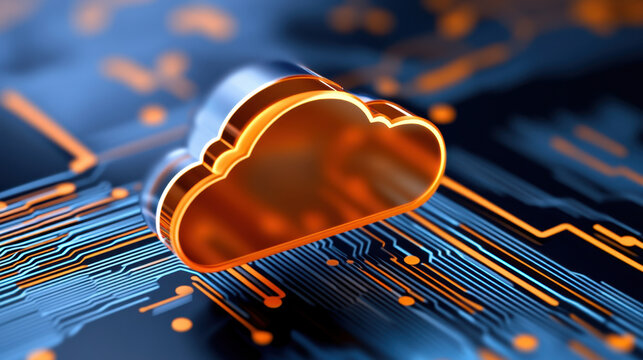 A digital illustration depicting a cloud-shaped data center filled with glowing numbers and symbols. Blue lines descend from the cloud, representing data streams, against a dark gradient background - Powered by Adobe