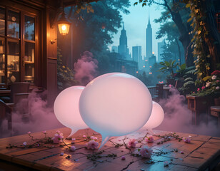 Floating Speech Bubbles on Wooden Table with Flowers and Cityscape