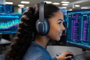 Young Woman Programmer Coding  Headphones  Data Analysis