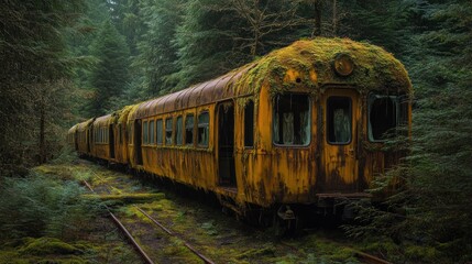 Fototapeta premium Abandoned train car overgrown with moss in a lush forest