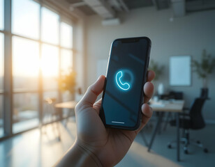 Holding Smartphone with Glowing Phone Icon Indoors Against Office Background