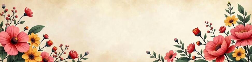 Naklejka premium Delicate hand-drawn flowers forming border on vintage paper backdrop, blooming, romantic